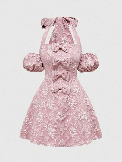 Kawaii Palace Style Inspiring Floral Bow Puffy Puff Sleeve Pink Dress For Tea Party Outfit