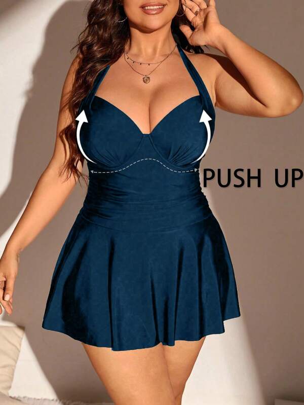 SHEIN Swim Curve Plus Size Women Solid Color Spaghetti Strap Waisted Tummy Control Swim Dress & Bottom Set, For Summer Beach Vacation