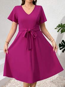 SHEIN Clasi Plus Size Elegant Ruffle Sleeve Romantic Dress, Summer, Elegant Dress, Women's Summer Dress, Women's Birthday Dress, Women's Wedding Guest Dress, Women's Cocktail Dress, Women's Concert Dress - Purple - View 5