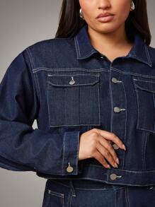 Denimoi Plus Size Casual Crop Denim Jacket - Dark Wash - View 5