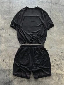 AXEPEAK 男士宽松数码印花网眼短袖 T 恤和短裤套装，街头服饰 - 黑色 - 查看 2
