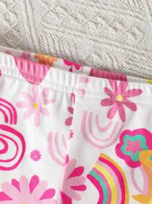 Baby Girl 4pcs Cute Strawberry & Rainbow Graphic Crew Neck Short Sleeve Top And Leggings Comfy Sleepwear Set - Pink - View 4