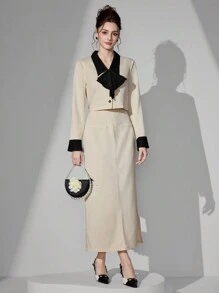 Modelyn 2 Pieces Set Women Elegant French Style Blazer Jacket And Straight Skirt, Premium Quality Unique Design Women Spring/Autumn Suit Fall Cloth For Women