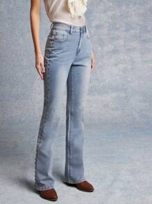 WESTFADE High Rise Western Studded Side Seam Fitted Flare Denim Jeans - Light Wash - View 4