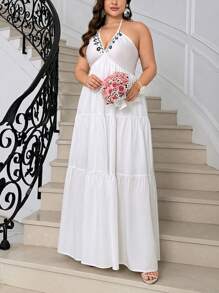 SHEIN Privé Abito lungo da donna in chiffon con scollo a sbuffo e maxi balza, adatto per resort, matrimonio, uscite, appuntamenti al mare, stampa floreale a contrasto di colori, abito lungo da resort tropicale