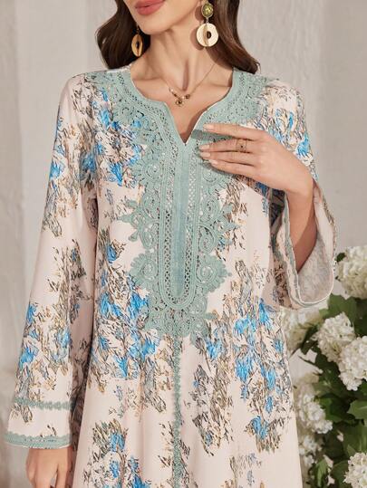 Al Najma Indonesisk arabisk lång morgonrockklänning för kvinnor, Dubai-stil lös retrotryckt morgonrock, turkisk kaftan, blygsam kaftan