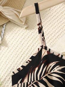 SHEIN Teen Girls Loose Fit Black & Beige Spaghetti Strap Palm Tree Print Jumpsuit, Comfy & Soft, Suitable For Spring/Summer, Valentine's Day, Vacation, Vintage, Beach, Sea