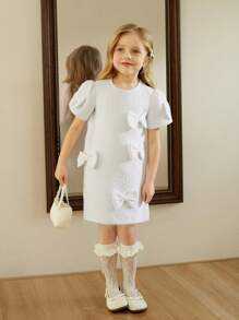 SHEIN Robe évasée à col rond à manches courtes avec décoration de nœud, en jacquard avec couleur unie rose, pour jeune fille élégante - Blanc - Voir 7