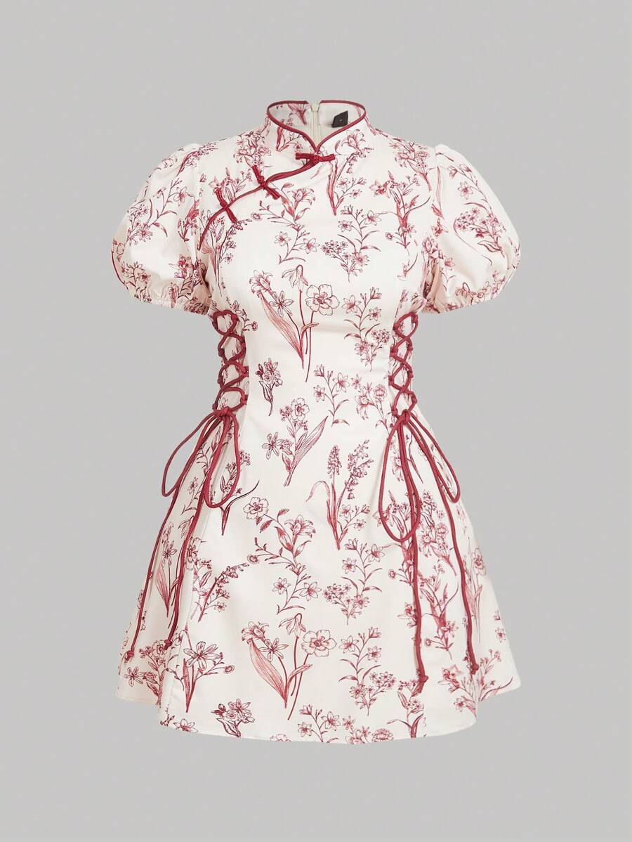 SHEIN MOD Plus Size New Chinese Style Stand Collar Button Decor Short Cheongsam Dress - Burgundy - View 1