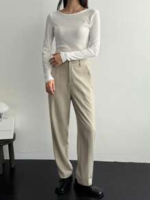 DAZY Pantalones casuales de tiro alto, pierna recta y holgados para mujer, pantalones largos adelgazantes, nuevos llegados de verano, pantalones de vestir para mujer - Blanco - Ver 3