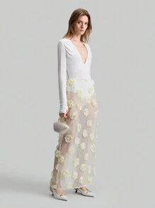 Ontre 2025 New Women's White V-Neck Ruched Waist Long Sleeve Bodysuit, Fashionable & Elegant, Suitable For Parties And Dates, Spring - White - View 2