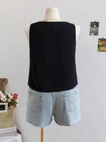 Soleia 大码女式宽松无袖V领抽绳上衣外套，蓝色 - 黑色 - 查看 4