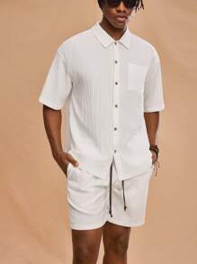Forever 21 Men's Casual Beach Waves Wide-Collar Short Sleeve Shirt And Shorts Two-Piece Set - White - View 6