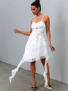 SHEIN Unity All White Mesh Splicing Fitted Spaghetti Strap Ruched Bust Gathered Mini Dress, Elegant 70s Party Wedding Date Summer Style For Women - White - View 5