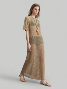 Ontre Women's Crochet Long Dress, Short Sleeve, Beach Style, Oversized Bohemian, Round Neck, Brown Knitted Long Dress, Spring Outfit