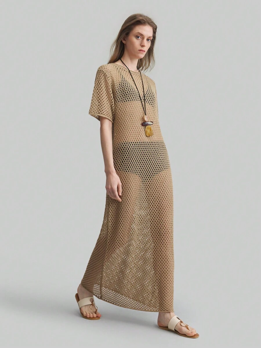 Ontre Women's Crochet Long Dress, Short Sleeve, Beach Style, Oversized Bohemian, Round Neck, Brown Knitted Long Dress, Spring Outfit