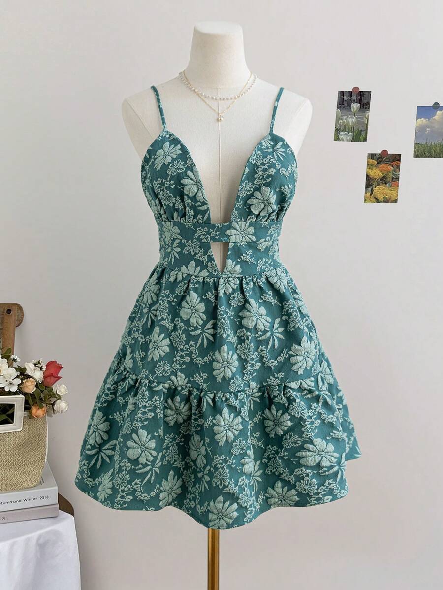 Soleia Vestido de tirantes finos con escote en V para vacaciones de mujer - Textura jacquard rojo, vestido mini elegante con espalda descubierta y línea A para fiestas, prenda interior de moda para el otoño/invierno - Verde - Ver 1