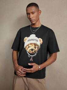 AKNOTIC Business Casual 男士黑色针织卡通熊印花贴身圆领休闲 T 恤，适合春夏季日常和派对穿着 - 黑色 - 查看 5