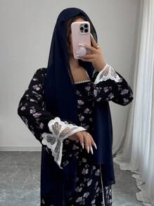 Yasmyna 女式编织花卉印花长袖荷叶边蝴蝶结阿巴亚连衣裙，端庄 - 黑色 - 查看 5