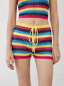 Skyraze 女士度假休闲撞色条纹镂空针织短裤 - 彩色 - 查看 6