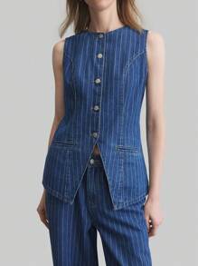 Ontre Áo vest denim xanh nữ Áo vest sọc Phong cách hàng hải Phong cách Old Money - Rửa trung bình - Xem 2