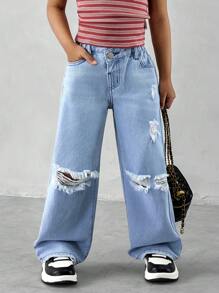 Young Girl Ripped Distressed Casual Fashionable Slant Placket Denim Straight Jeans