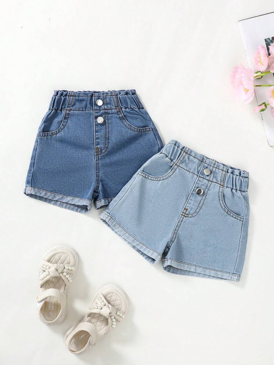 2pcs/Set Baby Girls' Casual Cute Style Blue Denim Washed Shorts - Blue - View 1