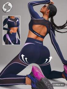 Innovista 女士运动服二合一套装，撞色拼接短款长袖运动上衣和运动紧身裤，两件套健身服，透气网眼镂空高弹速干健身上衣和裤子，高腰收腹裤和塑形垫，适合拳击、舞蹈、徒步、露营、越野、排球、音乐节、派对等场合，蓝色，春季装备，情人节，比基尼，秋季泳装，女士清爽浅蓝色