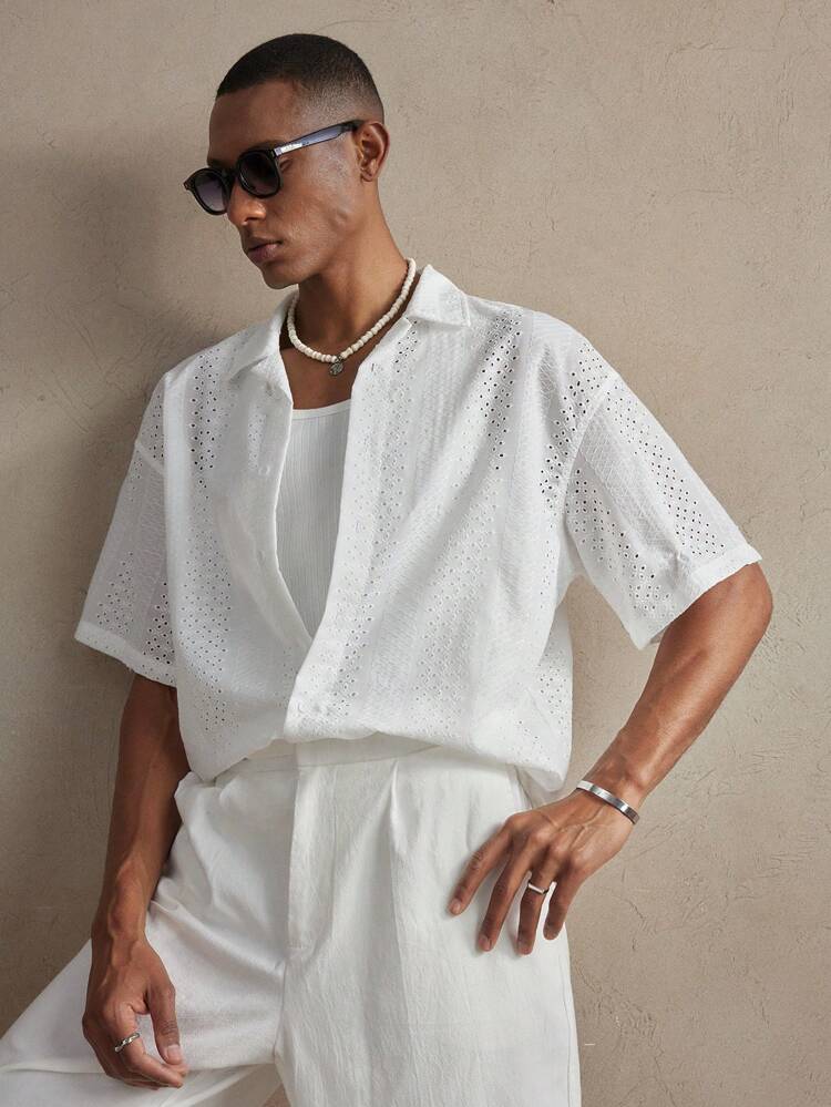 メンズ ホワイトストライプジャガードルーズラグランカジュアルシャツ、デイリー着用やバケーションに最適、春夏