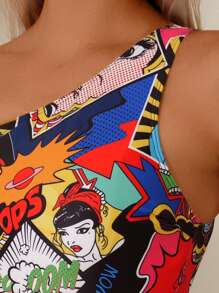 SHEIN Swim 女士高弹力面部抽象印花镂空性感连体泳衣，适合游泳、海滩、日光浴、泳池派对 - 彩色 - 查看 3