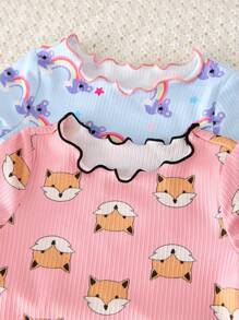 Baby Girls 4 Pieces Set Cute Koala, Fox, Rainbow Print Ruffled Collar Short Sleeve Top And Pants Casual Comfortable Pajamas