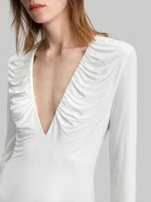 Ontre 2025 New Women's White V-Neck Ruched Waist Long Sleeve Bodysuit, Fashionable & Elegant, Suitable For Parties And Dates, Spring - White - View 6