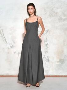 Chiquease Women's Striped Backless Spaghetti Strap Maxi Dress For Spring&Summer,Summer Outfits For Women,Sexy Dress,Vacation Outfits - Grey - View 3