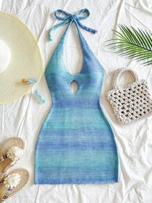 Soleia 度假V领露背渐变色针织连衣裙，适合度假，约会，下午茶，音乐节，波西米亚风 - 藍色 - 查看 1