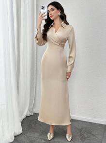 Modelyn Elegantes Satin-Kleid mit langen Ärmeln und figurbetonter Taille, Frühling 2025 Neue Kollektion Arabischer Stil Langes Kleid