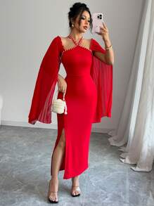 Elenzga Sleeveless Pleated Dress With Pearl Decor And Side Slit For Women - Red - View 5