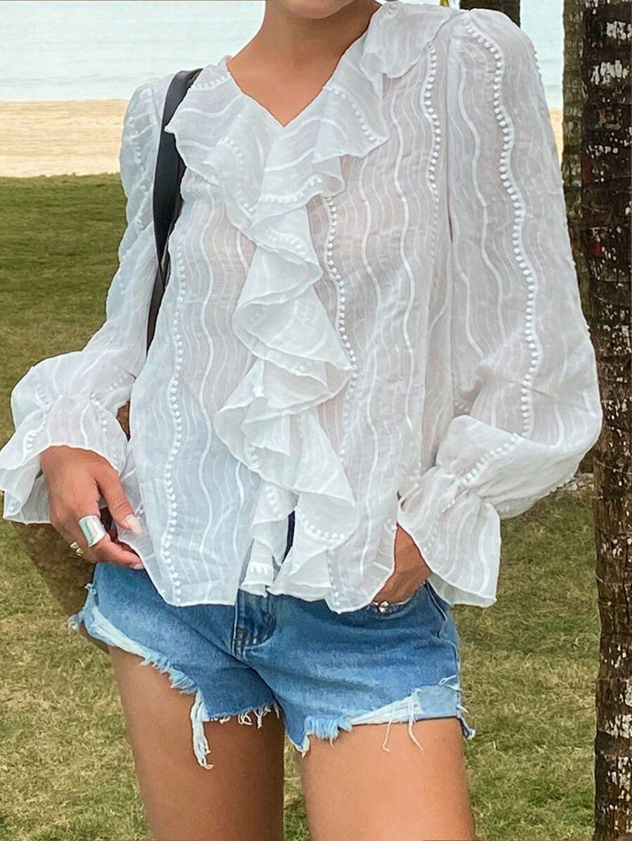 DAZY 春夏新款甜美荷叶边宽松休闲女式衬衫，沙滩度假风，秋季长袖服装 - 白色 - 查看 1