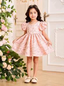 SHEIN Glamorique Kids Vestito formale/da festa per bambini, di colore unito, con vita arricciata e gonna a balze, maniche a sbuffo, elegante per occasioni, adatto per tutte le stagioni - Rosa - Visualizzare 1