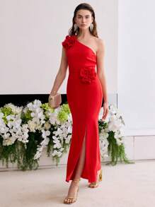 MOTF Soiréza STEREO FLORAL ONE SHOULDER BIAS CUT DRESS - Red - View 6