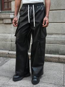 PAVTROS Manfinity Streetrush Fashionable Dark-Tone Multi-Pocket Cargo Straight Leg Casual Drawstring PU Leather Wide Leg Pants,Leather Pants,Boyfriend Gifts, Black Baggy Pants Men, Streetwear Pants, Cargo Pants Men Baggy, Baggy Clothes For Men - Black - View 3