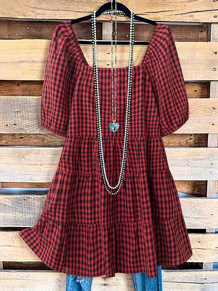 プラスサイズ女性夏カントリーカジュアル赤チェック柄フリルルーズカジュアル半袖スクエアカラーベビードールブラウス、女性ブラウス夏、女性夏、バケーション、カジュアル日常着