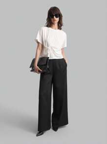 Ontre Camiseta casual de mujer blanca con cuello redondo, manga corta y cintura con lazo, ideal para vacaciones primavera 2025, abrigo casual de otoño, camiseta blanca