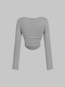 SHEIN MOD 女士休闲百搭纯色褶皱 T 恤 - 灰色 - 查看 6