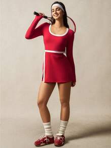 VARSITIE Women Plain Color Patchwork Long Sleeve Pocket Casual Sports Mini Dress - Red - View 2