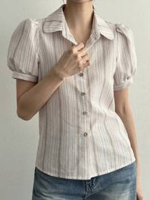 DAZY 新品春季波西米亚风格海滩度假条纹荷叶边袖女式衬衫秋季