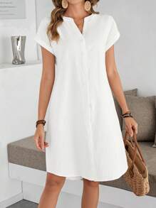 EMERY ROSE Women's Solid V-Neck Short Sleeve Casual Mid-Length Dress - White - View 6