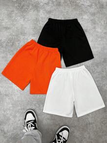 3 stuks/set Tween Boys Casual Veelzijdige Comfortabele Letter & Patroon Print Losse Gebreide Shorts, Multi-Pack, Geschikt Voor School, Tuin, Strand, Verjaardag, Lente, Zomer, Herfst, Winter