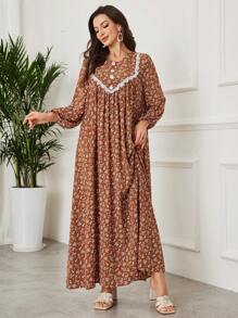 SHEIN Lacomfia Elegant Lady Minimalist Floral Print Arabic Style Dress - Coffee - View 4