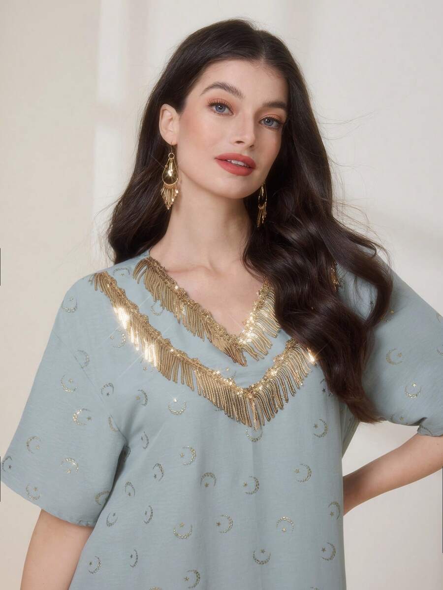 Al Najma 女式亮片拼布流苏 V 领短袖阿拉伯风格连衣裙 - 綠色 - 查看 1