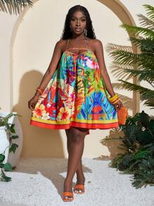 Slaydiva Váy ngắn không tay họa tiết lá cây rừng nhiệt đới cho nữ ngày lễ - Nhiều màu - Xem 4